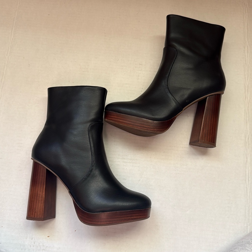Black Leather Platform Ankle Boots with Wood Block Heel